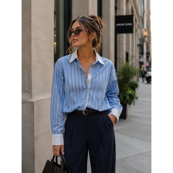 French Connection Tops - French Connection Contrast Double Collar Striped Cropped Shirt Blue Multi M NWT